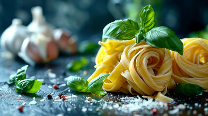 Artistic food styling of pasta ingredients featuring basil and garlic
