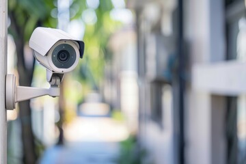 A security camera mounted on a wall outdoors with blurred greenery and buildings in the background