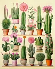 Green cactus in pots  in the garden pink flowers. 
