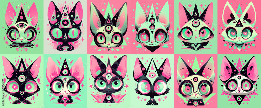 Wall mural Set of cosmic cats. Pink and green colored illustration. Collection of characters