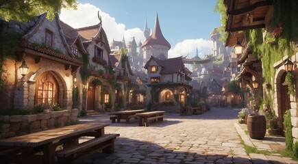 Obraz premium Fantasy story, European town with church and tower amidst historic architecture and skyline, blending old-world charm with cultural heritage