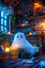  A cute little fluffy ghost in a cosy house