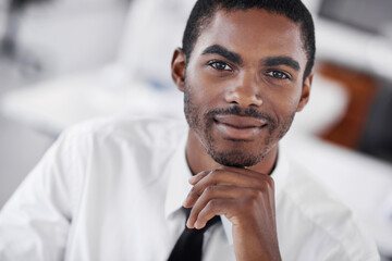 Black man, portrait and decision for business ideas, startup and professional in formal clothes or outfit. Businessman, corporate and working in office thoughts or planning and salesman in workplace