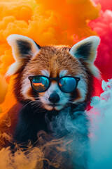 A cool looking red panda wearing sunglasses surrounded by colorful smokes