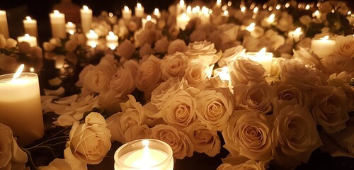 A serene HD image capturing the exquisite beauty of elegant white roses bathed in soft candlelight, creating a calming and sophisticated ambiance for a relaxing night.