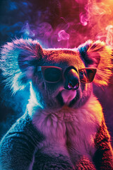 A cool looking Koala bear wearing sunglasses surrounded by colorful smokes