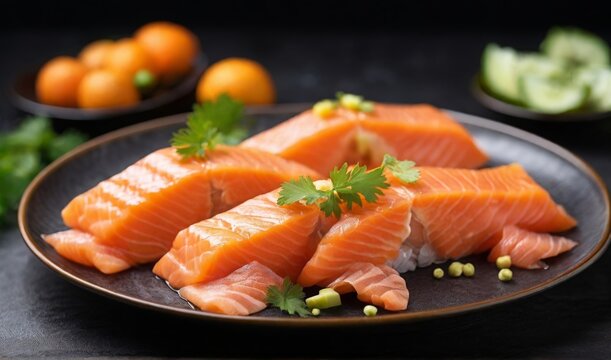 Fresh salmon sashimi, famous japanese food. Five pieces of orange color raw fish Served with cucumber on ceramic plate on dark background. Close-up salmon meat texture
