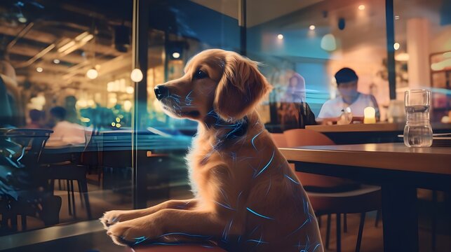Hay un perro sentado frente a una ventana con una luz que brilla sobre él ai generativo
