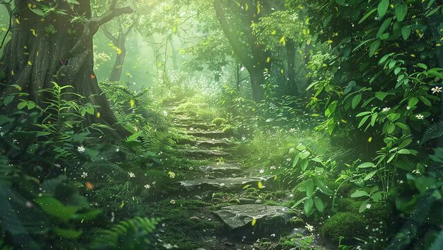 stone path through a magical lush forest. seamless looping overlay 4k virtual video animation background