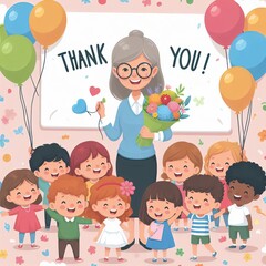 Fototapeta premium Happy Teacher's Day.teacher and students celebrate teacher's day vector illustration, Generative Ai.