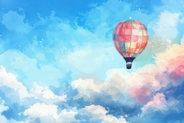 Naklejka premium Watercolor illustration of a hot air balloon floating in the sky.