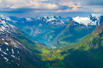 Geirangerfjord Norwegian fjords. Beautiful Norway aerial landscape
