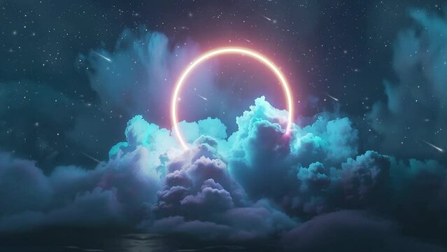  abstract cloud illuminated with neon light. glowing neon circle with clouds illustration. 3d render. seamless looping overlay 4k virtual video animation background