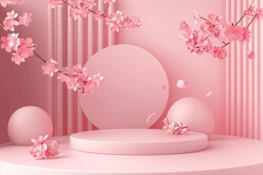 3D render pink podium with sakura trees