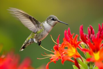 Fototapeta premium A hummingbird hovers over a bright red flower.