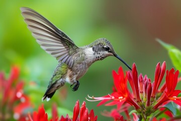 A hummingbird hovers over a bright red flower.