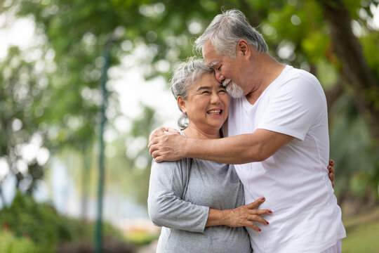 senior couple in love, embracing and holding hands together in the park