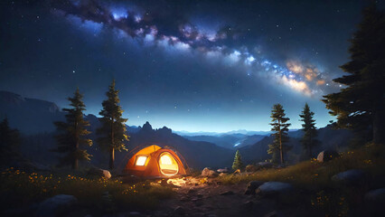 Fototapeta na wymiar Camping under the Milky Way: a breathtaking night sky view. Mountain landscape.