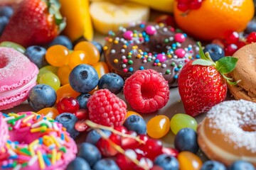 Fototapeta na wymiar Joyful rejection of unhealthy living, close-up on choosing fruits over sweets