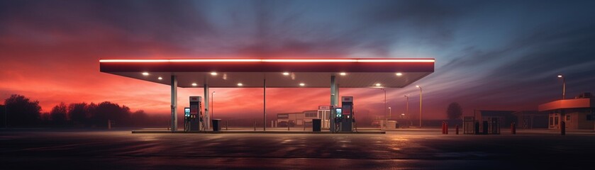 The vibrant glow of warning lights on a gas station at dawn