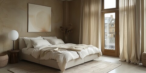 Cozy and elegant bedroom with big bed, nice bedclothes, wooden bedside tables and with warm light
