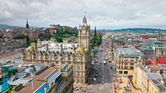 Aerial view of The Balmoral 5-star hotel in Edinburgh, Scotland. Legendary luxury hotel and landmark clock tower, a symbol of its city. Victorian architecture in Scotland.