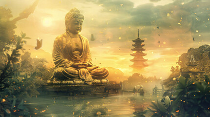 Serene Golden Buddha: Ancient Chinese Symbolism and Landscapes