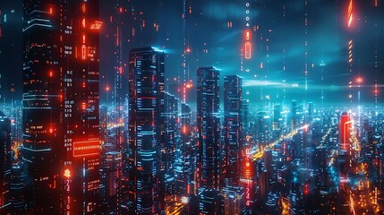 A cityscape with many buildings lit up in neon colors