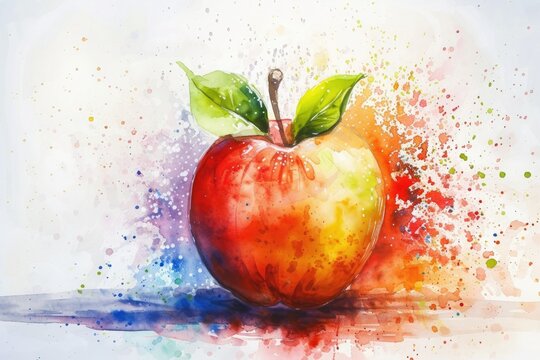 Watercolor painting of ripe apple with color splashes. 8k