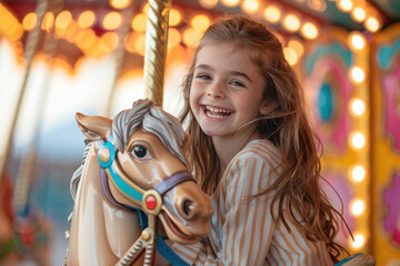 Fototapeta na wymiar A happy young white little girl expressing excitement while on a colorful carousel