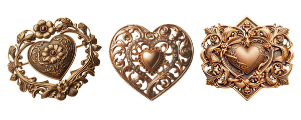 3 Old fashioned love brooch made of gold with intricate design set against a transparent PNG background
