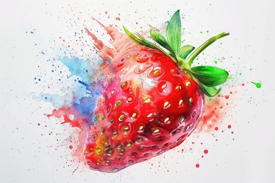 Watercolor painting of ripe strawberry with color splashes. 8k