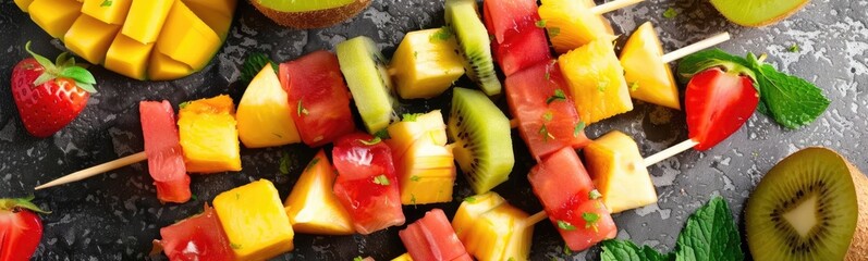 Tropical fruit skewers tropical meal background. Summer food background 