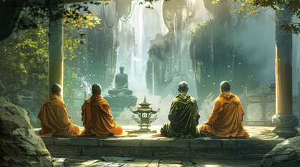 Serene Teaching: Buddha and Storytelling Monks in Spiritual Setting - obrazy, fototapety, plakaty