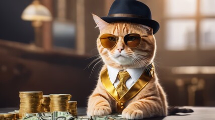 Cool rich gangster boss cat hipster with sunglasses, hat, headphones, gold chain and money dollars. Business, finance, creative idea. Crypto investor cat is holding a lot of money. Winning, concept	 - obrazy, fototapety, plakaty