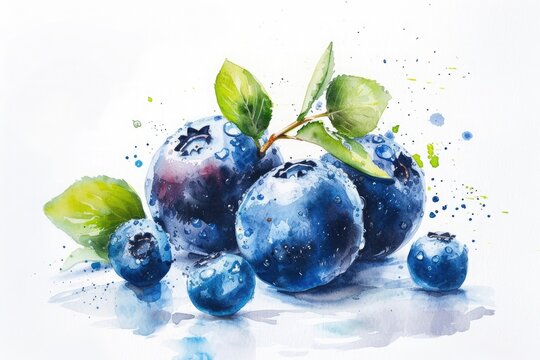 Watercolor painting of ripe blueberry with color splashes. 8k