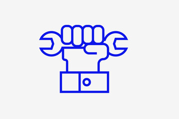 hand holding a wrench illustration in line style design. Vector illustration.