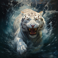 a white tiger emerges in high light, its sharp teeth glinting underwater, showcasing drenched fur with dark white and amber hues. Generative AI.