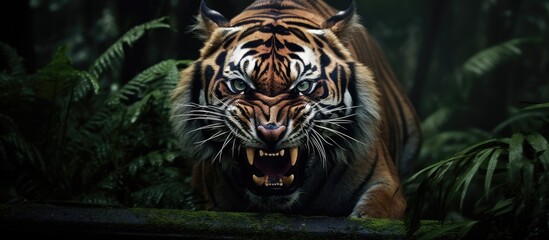 A large Sumatran tiger prowls through a dense, verdant forest. The tigers powerful presence is evident as it moves gracefully among the lush foliage, its striped coat blending seamlessly with the © TheWaterMeloonProjec