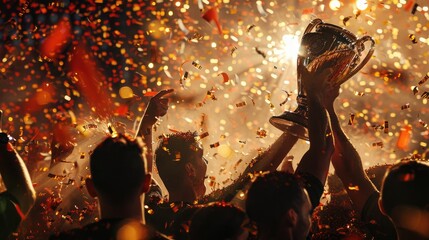 The triumphant moment when a soccer team lifts the championship trophy, surrounded by confetti, capturing the ultimate glory in soccer. 8k