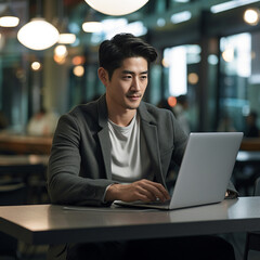a handsome Asian man in a professional setting, skillfully working on his laptop, portraying a tech-savvy and efficient demeanor. Generative AI.