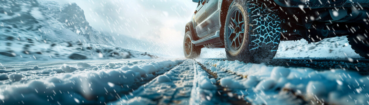 Close-up of diverse winter tires on a snowy mountain road