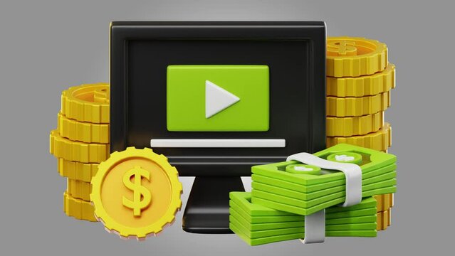 3d animation, monetize illustration on white and green background, play, coins, dollars. 4k resolution