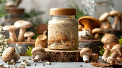Fototapeta na wymiar Glass jar filled with capsule supplements, surrounded by fmushrooms on a rustic backdrop, bioactive