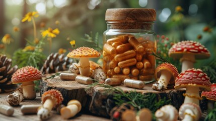  .Glass jar filled with capsule supplements, surrounded by fly agaric mushrooms on a rustic backdrop.