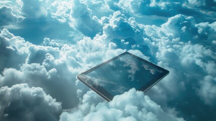 Technology background - concept of cloud computing. Abstract tablet PC in blue sky with white clouds. 8k