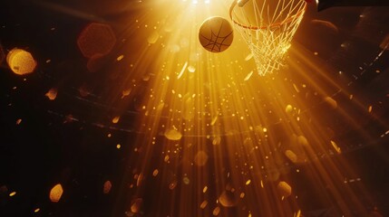 Sports background - basketball, bright spotlight from above, yellow glowing lights 8k