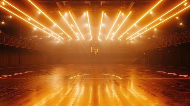 Sports background - basketball, bright spotlight from above, yellow glowing lights 8k