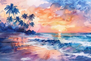 Fototapeta na wymiar Watercolor image of a tranquil beach at sunset.