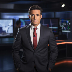 the newscaster in a studio setting, presenting news confidently in front of a professional news desk and camera setup. Generative AI.